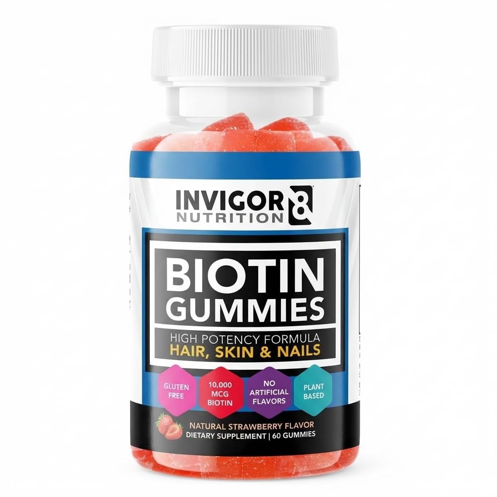 INVIGOR8 Biotina Gummies 10000mcg | Chiodi per capelli Vitamine Biotina Supplemento per donne Uomini & Kids 5000mcg x2 | Vegan Kosher Halal | Fragola Flavor | 60