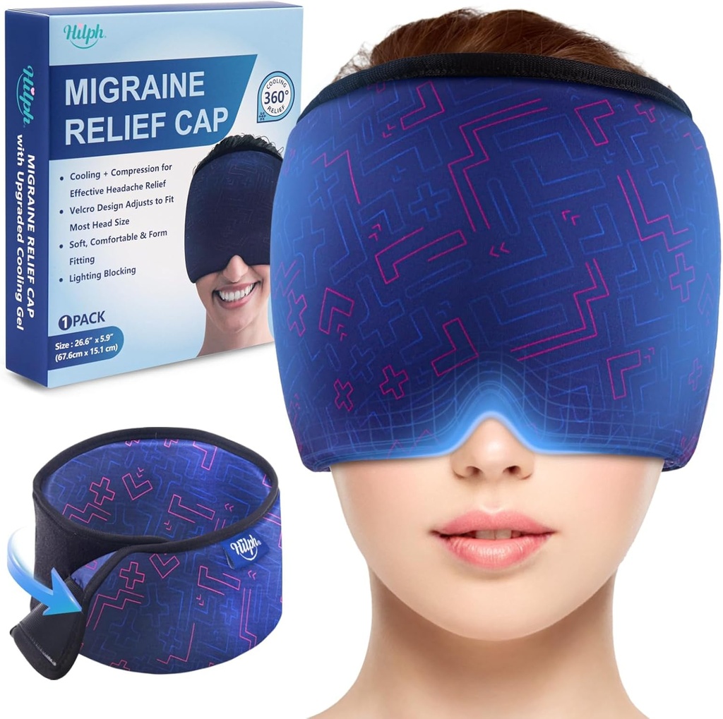 Hilph Cap regolabile della barriera emicranica con i compressori freddi del gel Thickened, cap del sollievo del mal di testa, Face Cooling Mask Gel Head Wrap for Tension, Stress & Hangover, Regali per le donne Uomini Blu