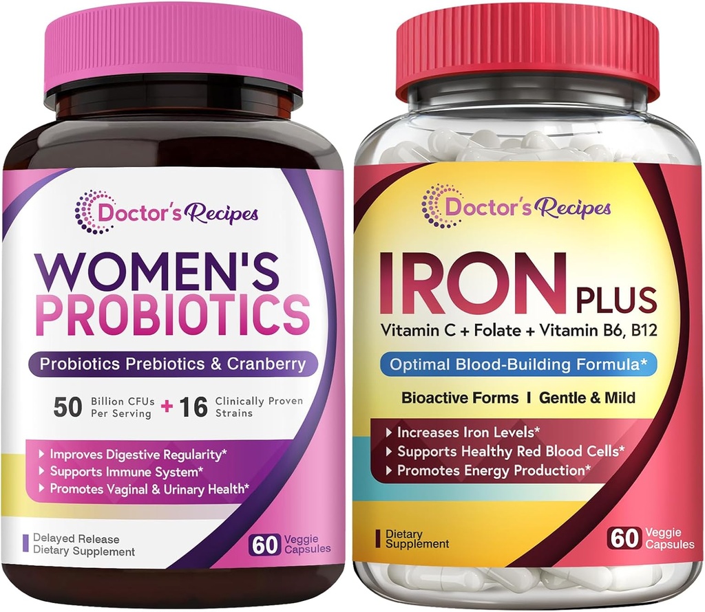 Ricette del medico Probiotici e Ferro da stiro Plus Bundle, Salute Femminile & Sangue Supporto, Capsule Probiotici 60ct & Iron Capsule 60 ct