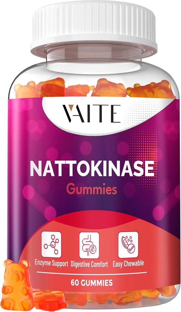 VAITE Nattokinase Supplemento 2000 FU (unità fibrinolitiche) 100mg - Integratore di enzime, Formula vegana, Supporta la salute, Doppia resistenza, Non OGM, Soy Free, Gluten Free, 60 Gummie vegetariane