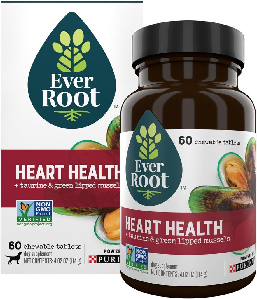 EverRoot Dog Heart completa le compresse masticabili di salute del cuore con taurina e museali verdi - 4.02 oz. Canister