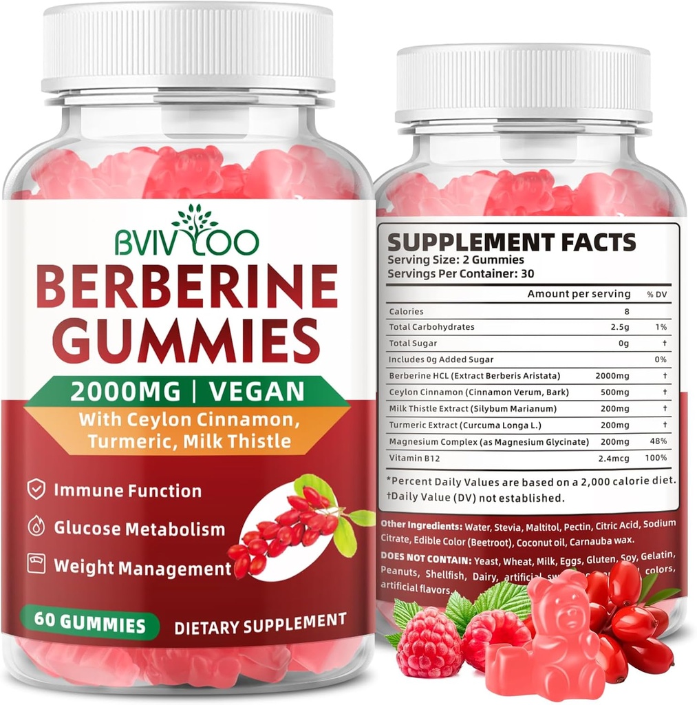 Premium Berberine Gummies, 2000mg High Potency Berberine HCI Supplemento, oltre Ceylon Cinnamon, cardo per donne e uomini, sistema immunitario e supporto metabolismo - 60 Gummies
