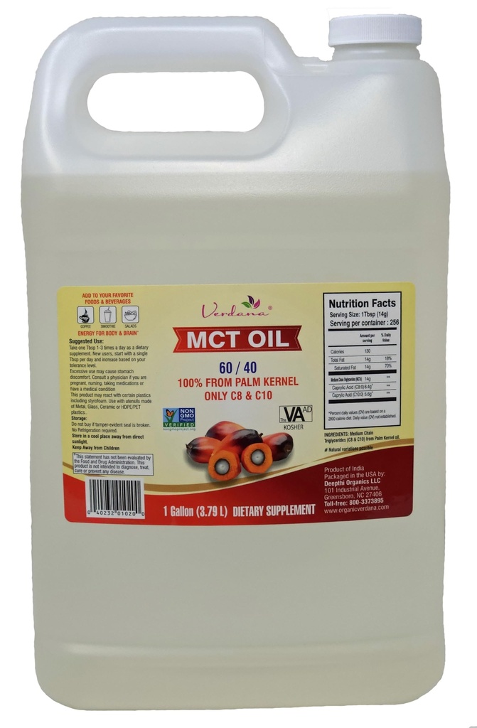 Verdana Food Grade MCT olio – 1 gallone (128 Fl Oz) – Premium C8/C10 Trigliceridi – Keto & Paleo Friendly – Non OGM, Kosher – Marchio Fiducioso per l'energia, Nutrizione sportiva, Aromaterapia & Massage
