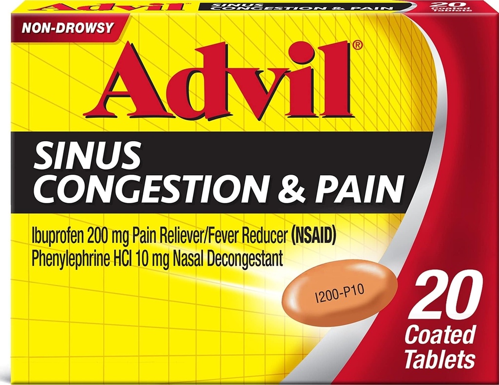 Advil Sinus Congestion and Pain, Sinus Relief Medicine, Pain Reliever e Fever Riduttore con Ibuprofene e Phenylephrine HCl - 20 compresse rivestite