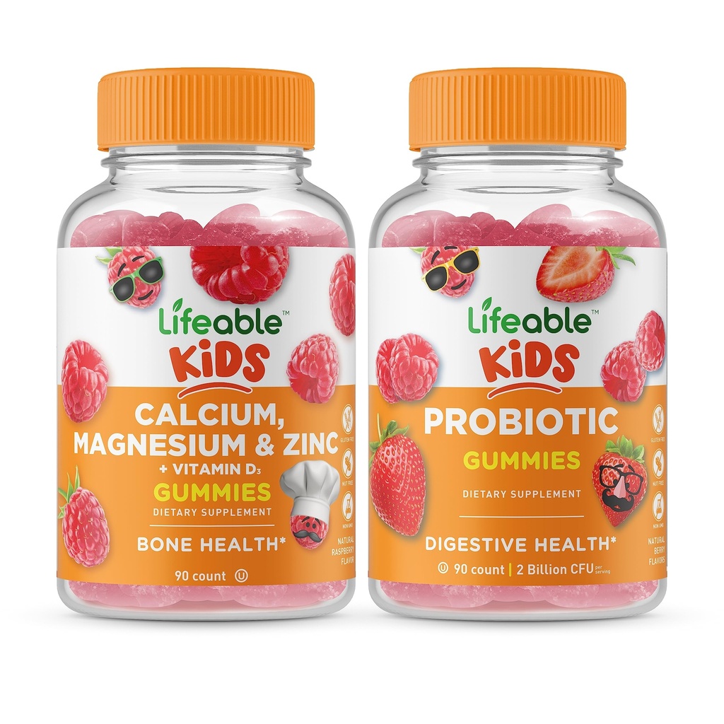Magnesio di calcio e zinco a vita bambini + Probiotico 2 miliardi di bambini CFU, Gummies Bundle - Grande degustazione, supplemento di vitamina, senza glutine, OGM libero, pancia masticabile