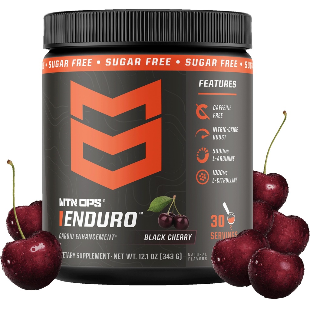 MTN OPS Enduro Nitric Oxide Stim Free Pre Workout | Citrato di magnesio, L Arginina & L Citrulline Caffeina Free Preworkout | 30 Servire Ciliegia nera