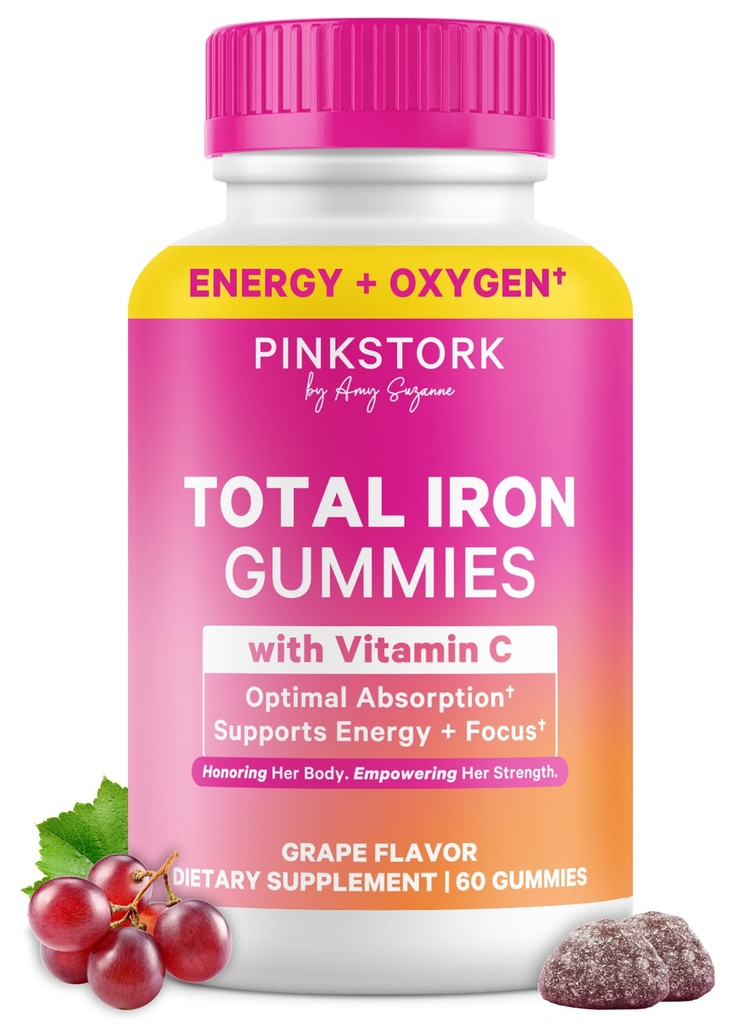 Gommie Prenatali di Ferro di Stork rosa per le donne - 20 mg con vitamina C - Masticabile per la carenza, l'energia e il sangue - 60 Chews