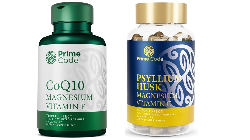 Prime Code CoQ10 250mg con Magnesio Glycinate e Vitamina E, Psyllium Husk Capsule con Citrato di Magnesio e Vitamina C