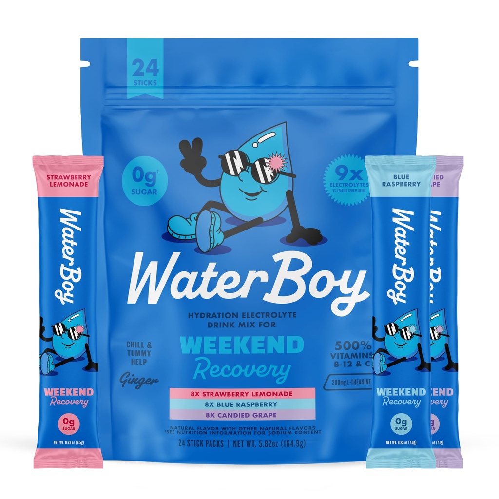Waterboy Weekend Recovery Variety | 3,200mg Electrolyte Powder Packets | Ginger + L-Theanine + Vitamine | No Sugar, All Natural, Gluten Free | 24 Drink Stick Mixs (Variety Pack)