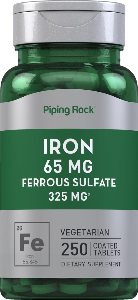 Piping Rock Iron Ferrous Sulfate 65 mg | 250 compresse | Iron Supplement | High Potency Formula | Vegetariano, Non OGM, Gluten Free