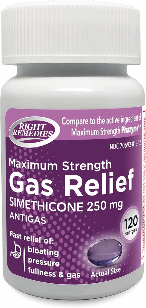 Gas Relief Massima Forza, Simethicone 250 mg, (120 Softgels), Fast Relief da Gas, Bloating, Fullness, Discomfort doloroso, Confronta Massima resistenza Phazyme Active Ingrediente