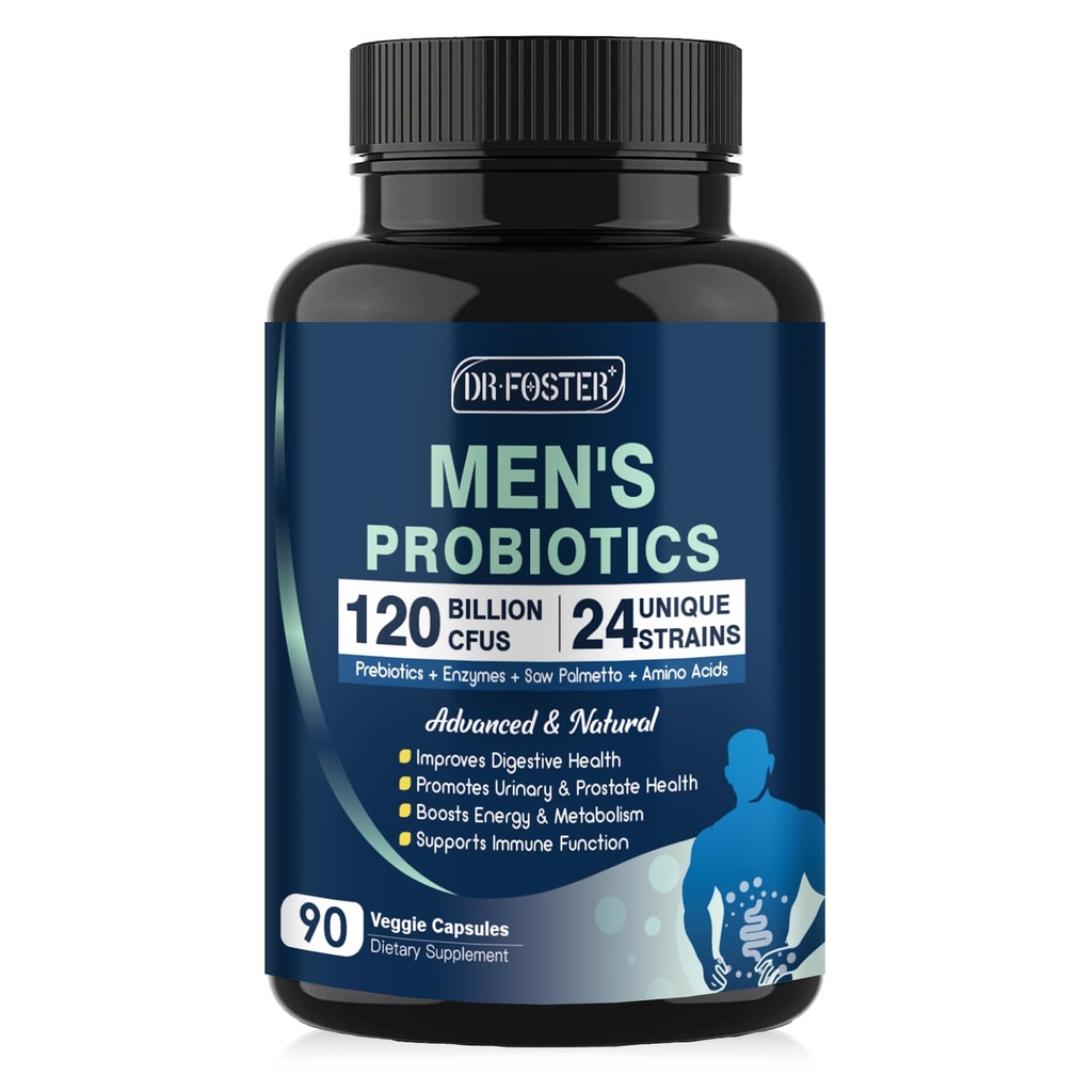 Probiotici per la salute digestiva degli uomini, 120 miliardi di CFU Probiotici con enzimi digestivi & Prebiotici & Saw Palmetto & Cranberry per Gut, Prostate & Urinary Tract Health, Shelf Stable, 90 capsule