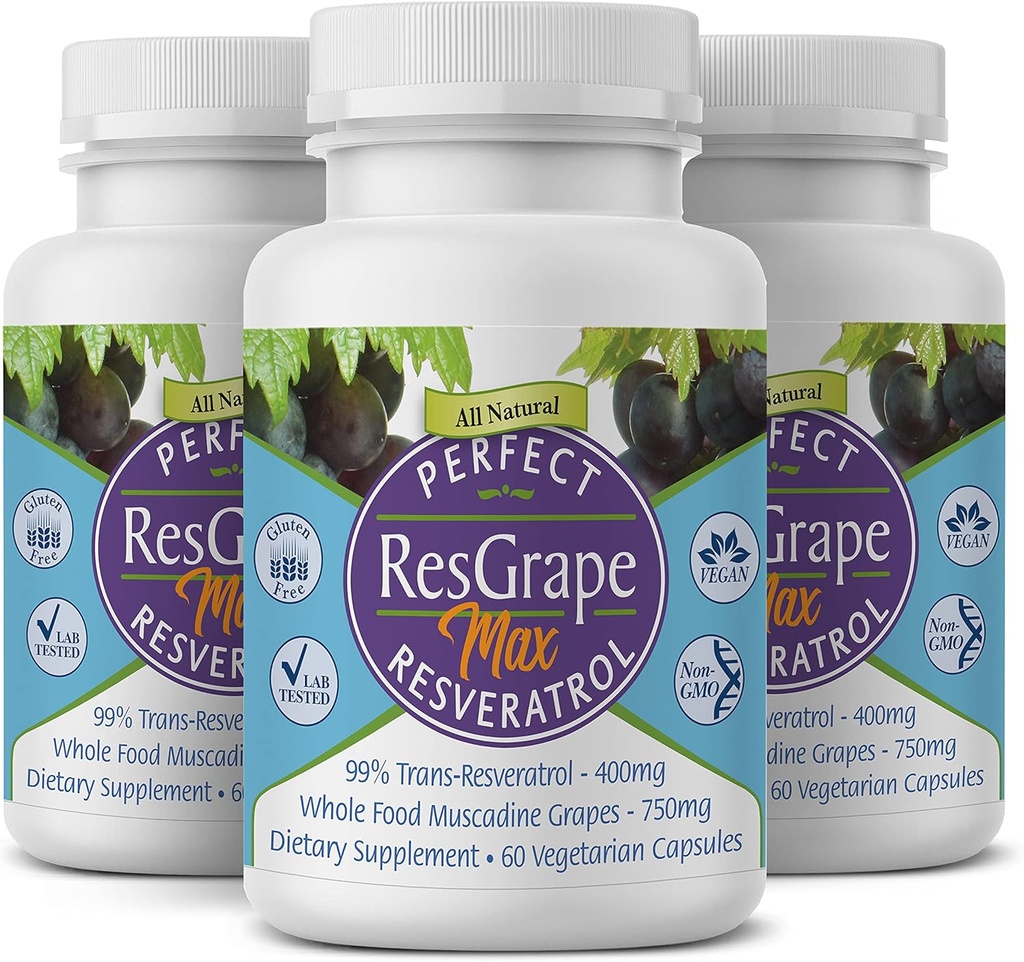 Perfect ResGrape Max, 60 capsule vegetali per bottiglia (Pacchetto di 3) ~ 99% Trans-Resveratrolo & Muscadine Uva ~ Integratore Antiinvecchiamento & Potente Antiossidante
