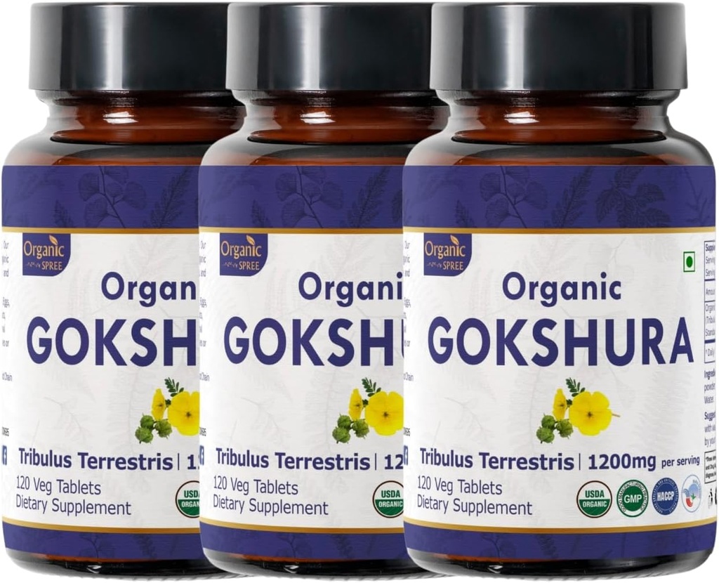 Gokshura 120 compresse | Tribulus Terrestris (Gokshura) | USDA Organic Certified | Supporta immunità e resistenza | Organico e Naturale 120tab - Confezione da 3