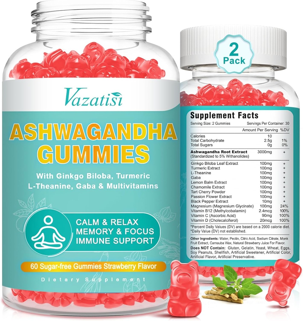2 Pack Ashwagandha Gummies con Turmeric GABA Mood Energy e supporto immunitario, Strawberry Flavor 120 Cts