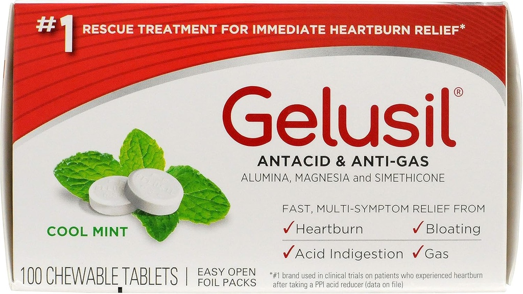 Gelusil Antacid & Anti Gas Tablets per Rilievo di bruciore di stomaco, Rifiuto di acido, Bloating e gas, Mint fresco - 100ct Blister Pack (Pack of 2)