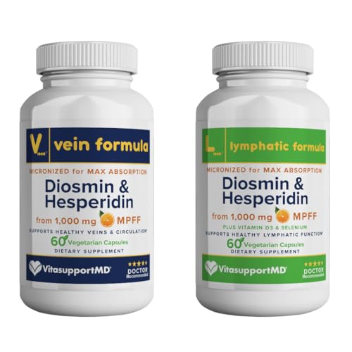VITASUPPORTMD - Vein e Lymphatic Formula Bundle, Diosmin Hesperidin 1000 mg, 2x60 capsule, MPFF Complex per la Circolazione, Lymphatic e Vein Support