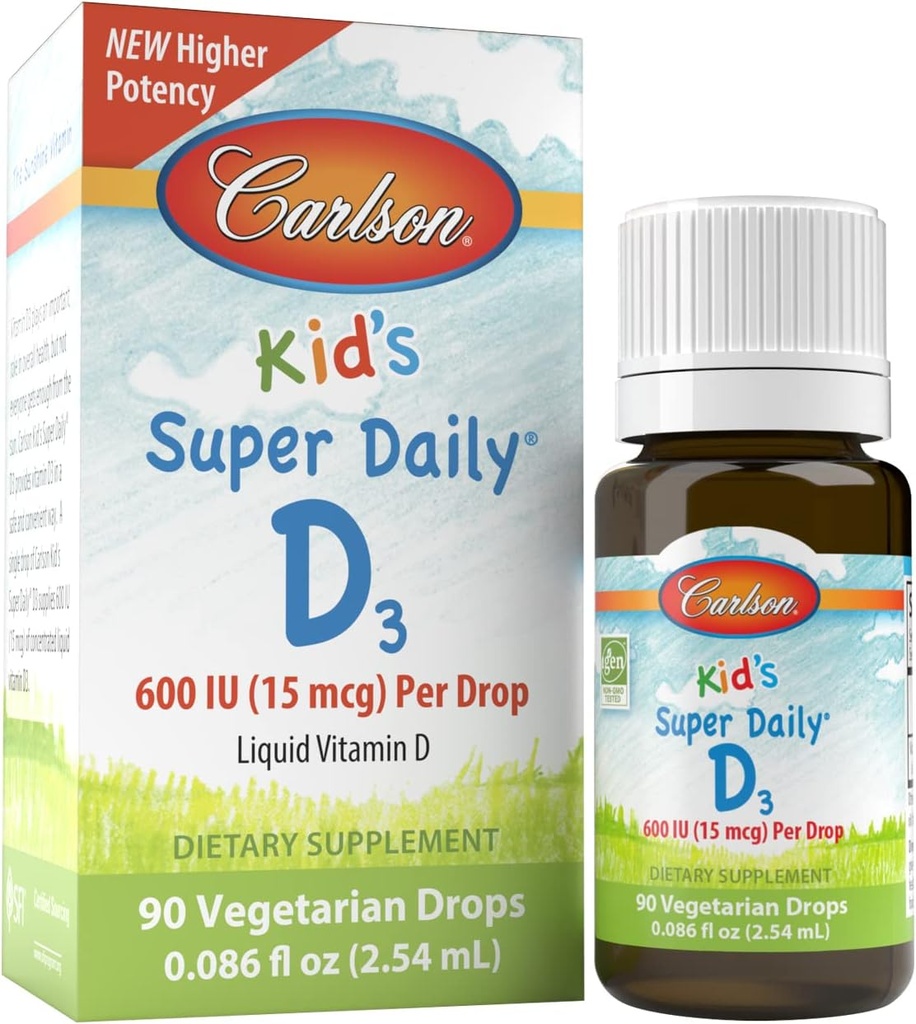 Carlson Kid's Super Daily D3, 600 IU (15 mcg) per goccia – Liquid Vitamin D Gocce per bambini, 90 gocce (2.54 mL), Vegetariano, Non infiammato