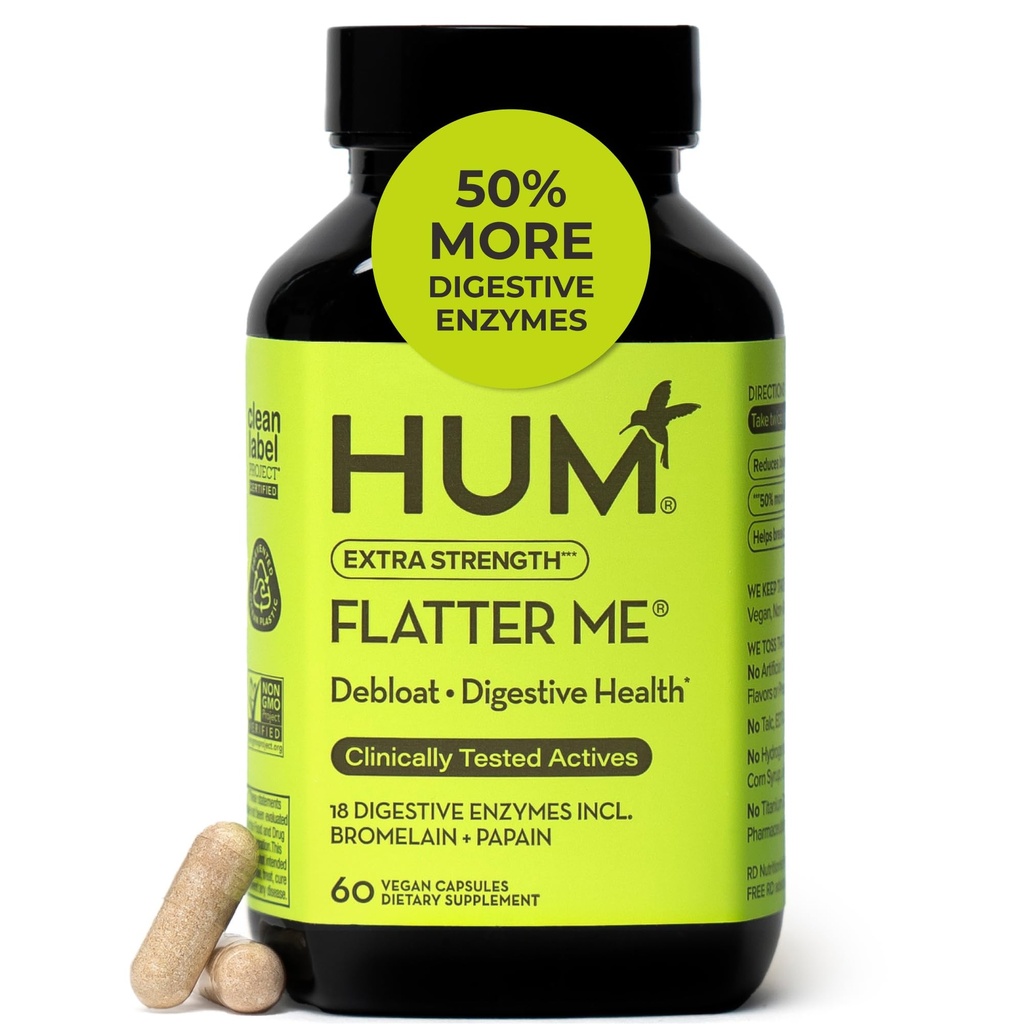 HUM Flatter Me Extra Forza Enzimi Digestivi per Donne, Uomini, Digestivo Gut Bloating Supplemento, Ginger, Peppermint Leaf, Veloce agisce Anti Bloat Pills Multi Enzime per Debloating, 60 Capsule