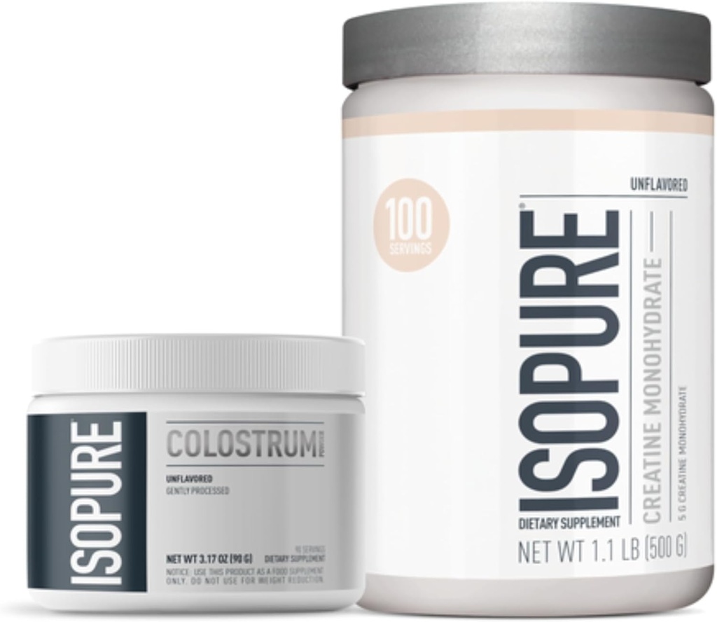 Bundle of Isopure Bovine Colostrum Supplement Powder, Gently Processed, 90 Serve + Isopure Polvere monoidrata di creatina non aromatizzata, 5g Monoidrato di creatina per Scoop, 100 Serve, 500g