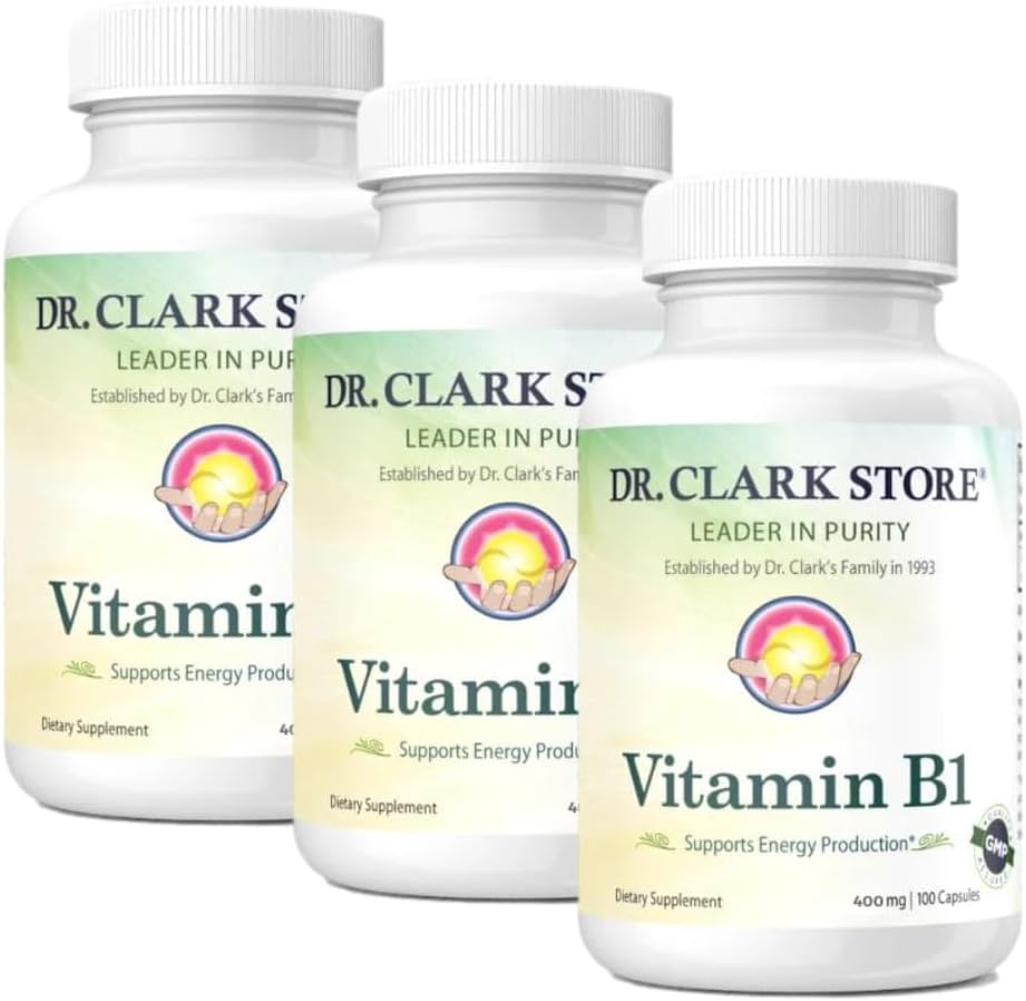Bernard Jensen's Dr. Clark Store Vitamina B1 Thiamine 500mg Supplemento -Thiamine B1 Supplemento per il sano nervoso Sistema & Energy Metabolismo, senza glutine, latticini Free - 100 Gelatin Capsule 3Pack