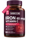 Supplemento di ferro per gli uomini delle donne, ferro ad alta potenza 65mg con vitamina C 250mg, pillole di ferro amichevoli di rilascio lento per globuli rossi & supporto immunitario, non OGM, senza glutine, 60 schede vegane