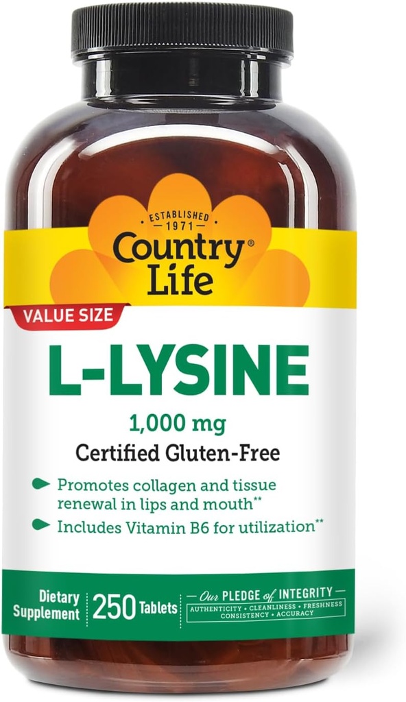 Country Life L-Lysine 1000mg con B-6, Supporta la salute immunitaria, Promuove il rinnovo del collagene in labbra e bocca, 250-Conto, Gluten certificato libero, Vegan certificato