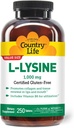 Country Life L-Lysine 1000mg con B-6, Supporta la salute immunitaria, Promuove il rinnovo del collagene in labbra e bocca, 250-Conto, Gluten certificato libero, Vegan certificato
