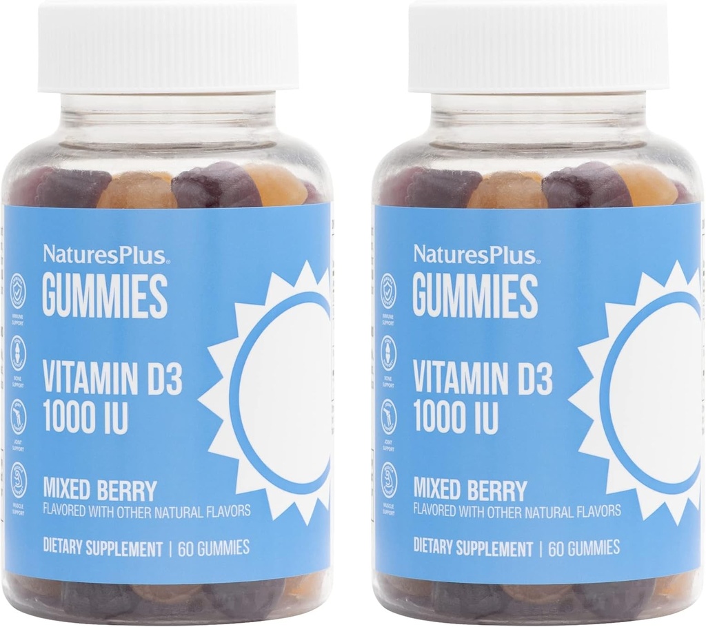 NaturesPlus Gummies Vitamina D3 1000 IU, Bacca Mista - 60 Gummies, Confezione da 2 - Promuove la Salute e la Funzione Immune - Vegan, Gluten Free, Non-GMO - 120 Serve Totali