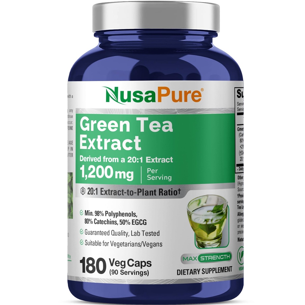 Estratto di tè verde NusaPure 20:1, 1200 mg Equivalente a 24000mg, 180 capsule vegane, 50% EGCG, 98% polifenoli, 80% Catechins
