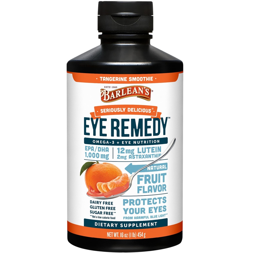 Integratore di rimedio degli occhi di Barlean, liquido di olio di pesce aromatizzato di Tangerine con Lutein, Astaxantina e Zeaxantina, 1,000mg Omega 3 EPA DHA, integratori per la cura degli occhi, 16 oz