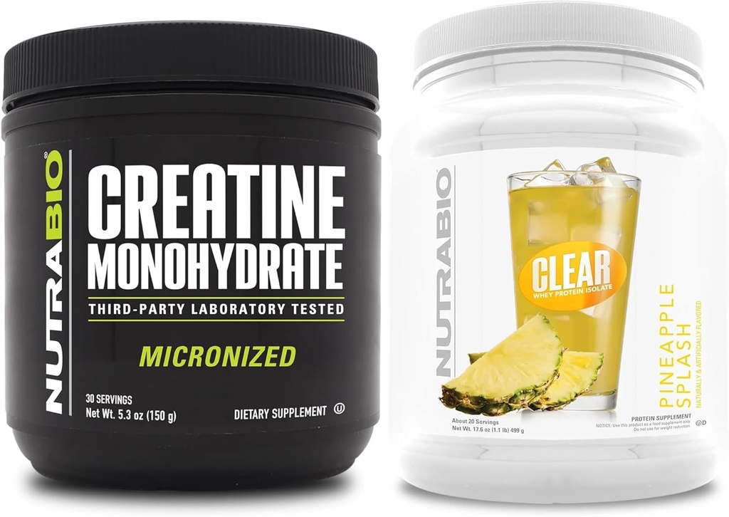 NutraBio Creatina monoidrato, non aromatizzato, (150 g) e isolato di proteine di siero chiaro, (Pineapple Splash) supplemento Bundle – energia muscolare, crescita massima, recupero e resistenza