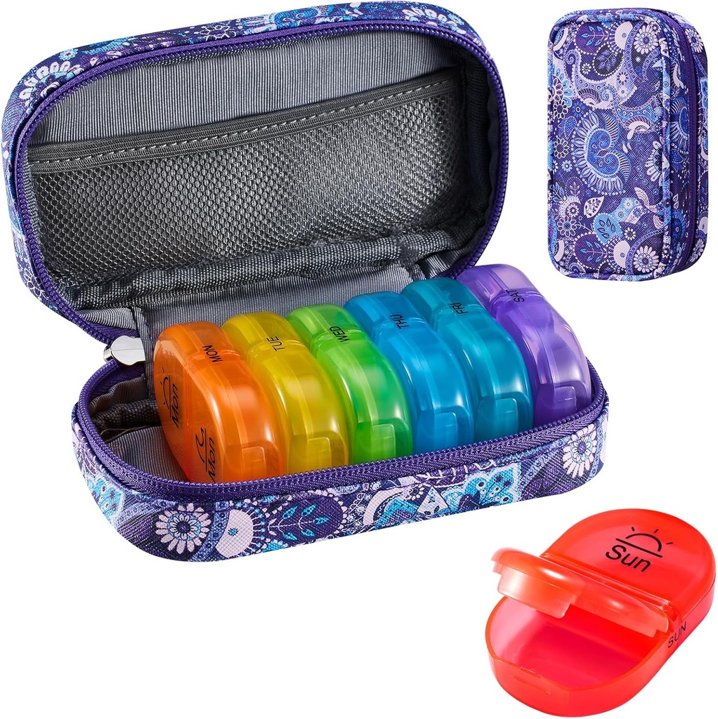 Serfeymi Organizzatore di viaggio settimanale 2 volte al giorno AM Aggiornato Rainbow Pill Box 7 giorno con custodia portatile in pelle PU cerniera, organizzatore di medicina per pillole, vitamine, oli di pesce - viola-01