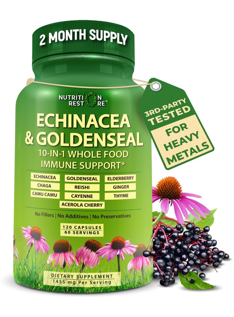 Echinacea Goldenseal Capsules - 10 in 1 Integratore di Sostegno Immune - 1455mg - Integratore Vegan Echinacea Capsules Realizzato con Alimenti Interi Organici - Supporto di Sistema Immune Erbe - 2 Mesi di Alimentazione