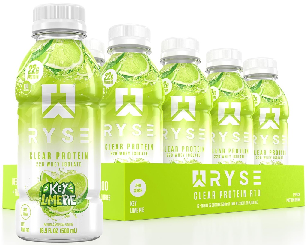 RYSE Clear Protein Drink - Key Lime Pie - 100 Calorie, 22g Whey Isolate Protein Shake, Sugar-Free, 0g Fat & Lactose-Free - Refreshing Ready-to-Drink Beverage - 16.9 fl oz Bottiglie (12-Pack)
