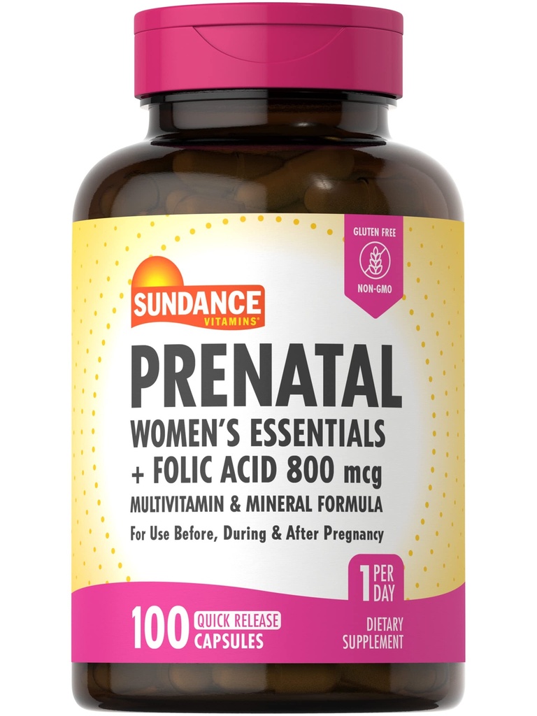 Sundance Prenatal Multivitamin | con acido folico | 100 capsule di rilascio rapido | 800 mcg | Non-GMO, Gluten Supplemento gratuito per le donne