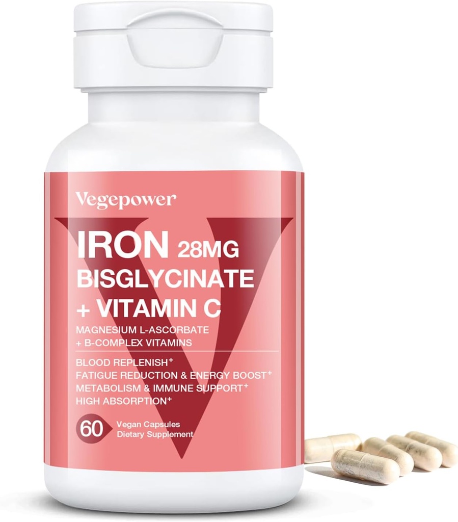 Integratori di ferro per le donne, Bisglicinato di ferro vegano 28mg Plus Vitamina C, Acido Folico - Pillole di ferro per l'anemia, Deficienza di ferro e supporto energetico - Alta assorbimento, Senza glutine, Non OGM - 60 capsule