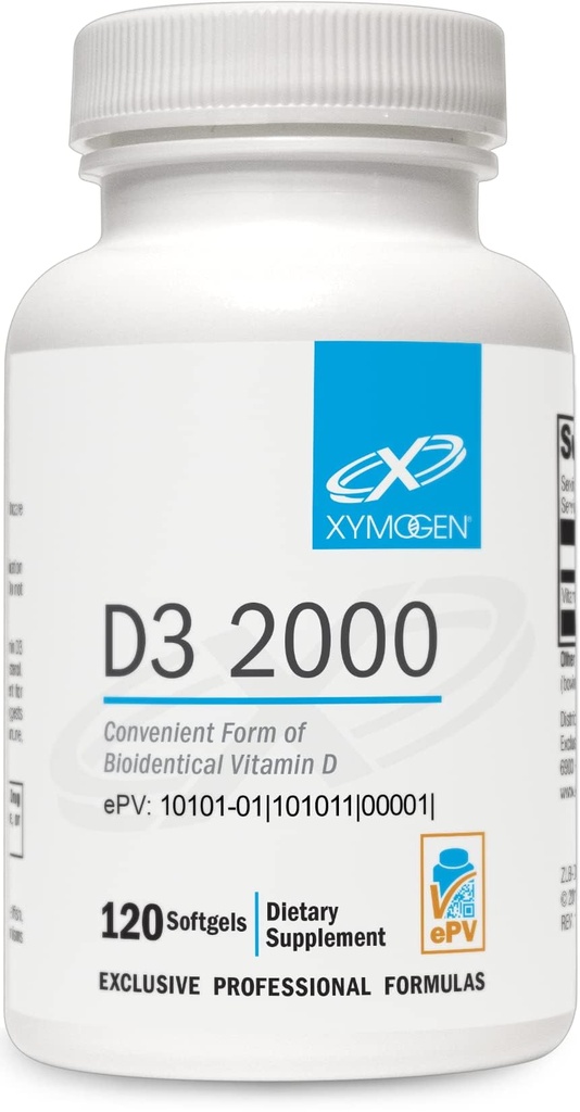 XYMOGEN D3 2000 - Biodisponibile Vitamina D3 2000 IU (50 mcg) - Integratore di vitamina D ad alta resistenza per il supporto Immune Bone & Heart Health Support - 120 Softgels