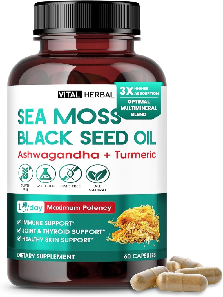 Moss mare con olio di semi neri, Ashwagandha, Turmeric & Moringa – Immune, Joint & Skin Support Supplement – 60 capsule – Vital Herbal – Lab-Tested, Non-GMO, Made in USA