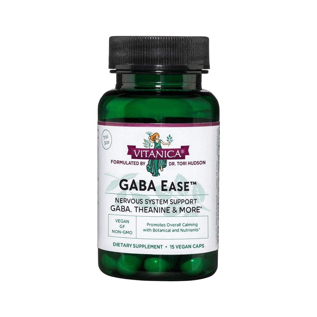 Vitanica GABA Ease - Integratore GABA & L-Theanine per il supporto calma e rilassamento - Integratore per la salute femminile con GABA, Passionflower, Hops, Skullcap & L-theanine - Linea di consumo - 15 Cappelli Vegan