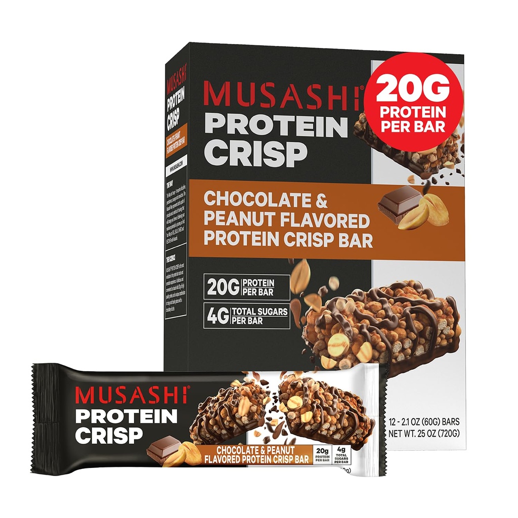 MUSASHI Protein Crisp Bar, 20g Protein, 4g Total Sugars, Chocolate & Peanut, Post Workout e Snack On The Go, 12 Pack of 2.1oz (60g) Bar