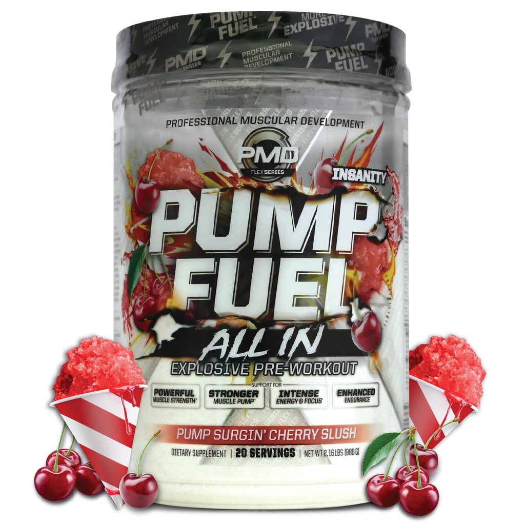 Pompa sportiva PMD Carburante tutto in follia, Polvere pre allenamento finale e pompa del muscolo, energia massima resistenza, messa a fuoco, resistenza e recupero, creatina & Beta Alanine, pompa Surgin’ Cherry Slush, 20 Servings