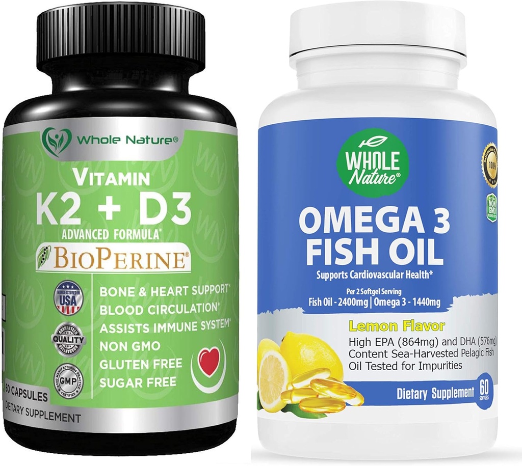 K2+D3 con Bioperine Plus Calcium Omega 3 Fish Oil sono più efficaci insieme per sostenere la salute di cuore e ossa, articolazioni e cervello