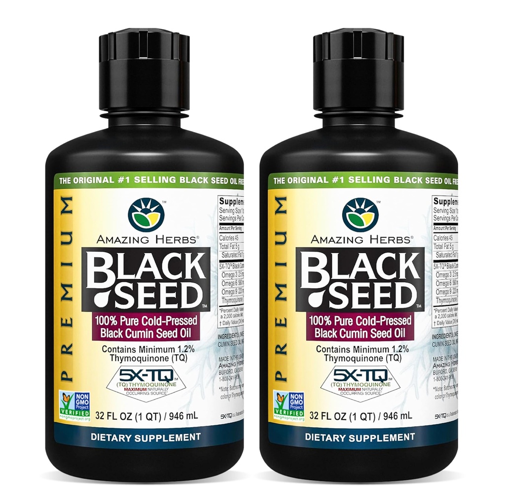 Sorprendente erbe Premium Black Seed Oil - Prematura a freddo Nigella Sativa Aids in salute digestiva, Supporto immunitario, Funzione cerebrale, Mobilità congiunta, Senza glutine, Non OGM - 32 Fl Oz (Pack of 2)