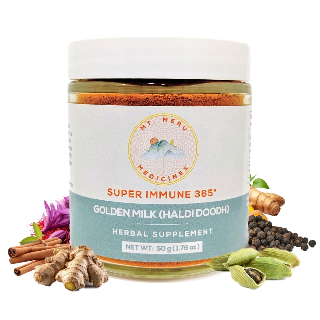 Mt.Meru Medicines Ayurvedic Haldi Doodh/Golden Milk Superblend- con formula di Boosting Immune, senza glutine, per la salute del cervello, supporto Gut con alta curcumina Lakadong Turmeric (1.76oz/50g)