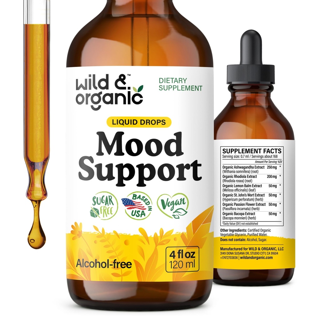 Wild & Organic Mood Support Supplemento - Gocce liquide naturali per l'energia positiva - Calm Mind Supplement per le donne e gli uomini - Non-Alcohol Ashwagandha & Rhodiola Rosea Root Tincture for Good Mood - 4 oz