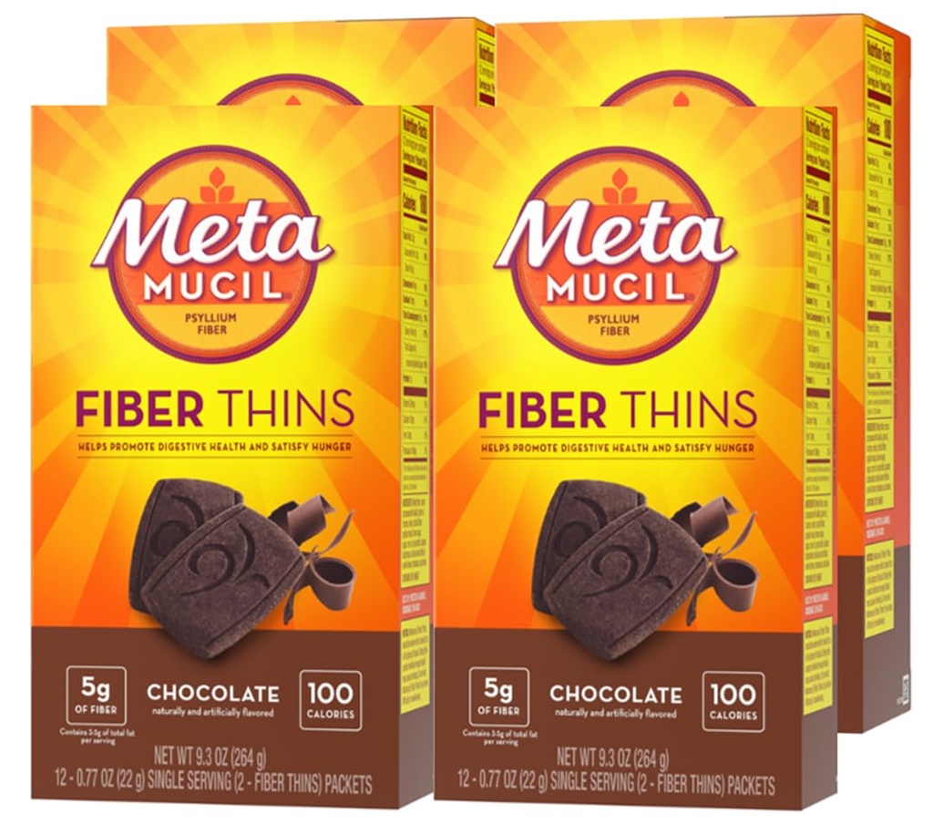Metamucil, lati di fibra, supplemento giornaliero di fibra di Psyllium Husk, supporta la salute digestiva e la fame di satisfie, aroma di cioccolato, 48 selezioni totali (4 pacchetti di 12)