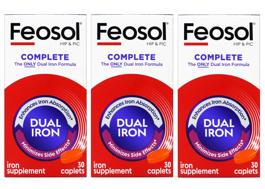 Feosol Bifera HIP & PIC Iron Supplemento, Completa - 30 Caplets, Confezione da 3