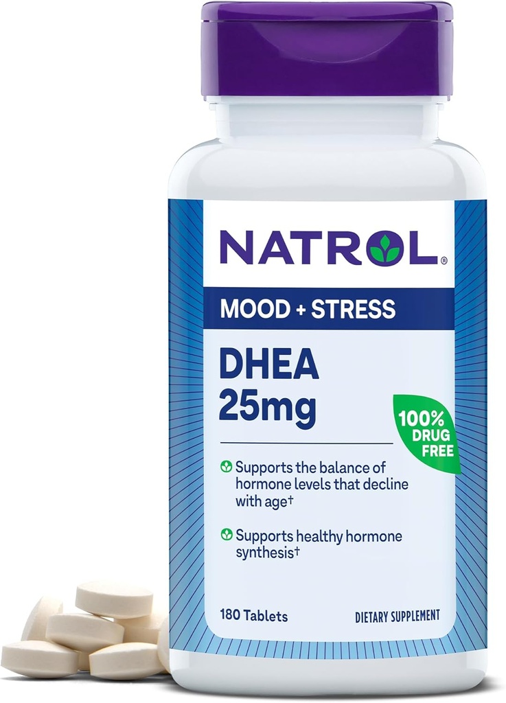 Natrol Mood & Stress DHEA 25mg con calcio, supplemento dietetico per l'equilibrio di determinati livelli di ormone e supporto del mood, 180 compresse, 180 giorni di alimentazione
