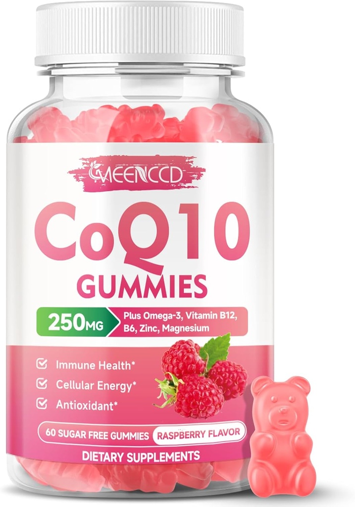 Zucchero-Free CoQ10 Gummies 250mg, Coenzyme Q10 Integratori Plus Omega-3, Vitamina B6 & Zinc, Alto assorbimento CoQ10 Supplemento per l'energia cellulare e il supporto antiossidante, Raspberry Flavor, Vegan 60Cts